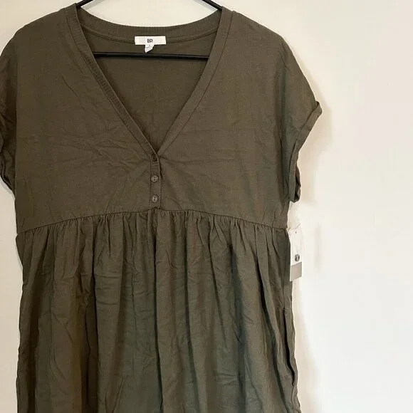 NWT BP by Nordstrom Olive Green Babydoll Short Sleeve Dress with Pockets - S - Picture 3 of 6